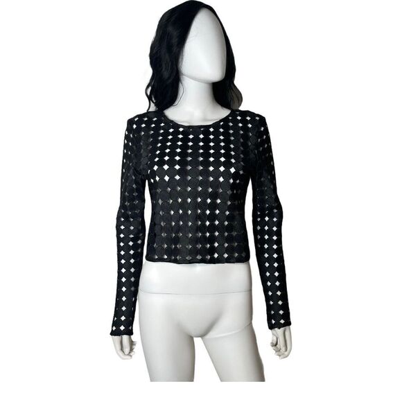 Alexis See Through Crop Top Women Size L Black Long Sleeve Laser Cut‎ Out - Picture 1 of 9